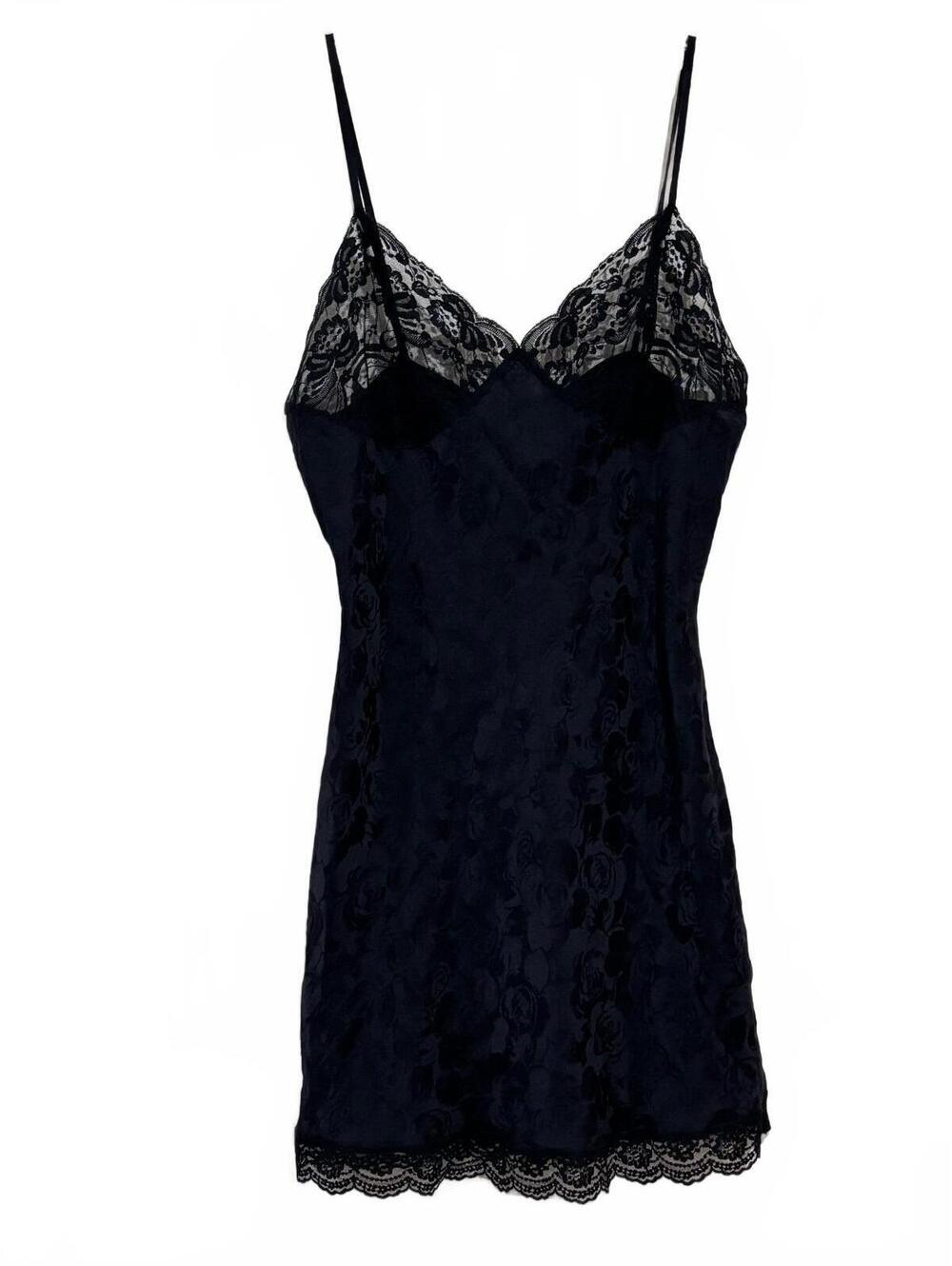 August Silk Black Silk Slip Dress with Lace Trim, Size M